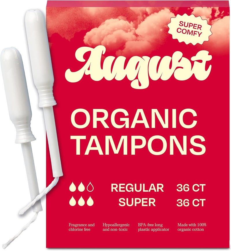 August Super + Regular Tampons - 72-Pack (36 + 36) 100% Organic Cotton Tampons for Women and Anyone Who Menstruates, Non-Toxic, Fragrance-Free, and Hypoallergenic with Long Applicators - Image 1